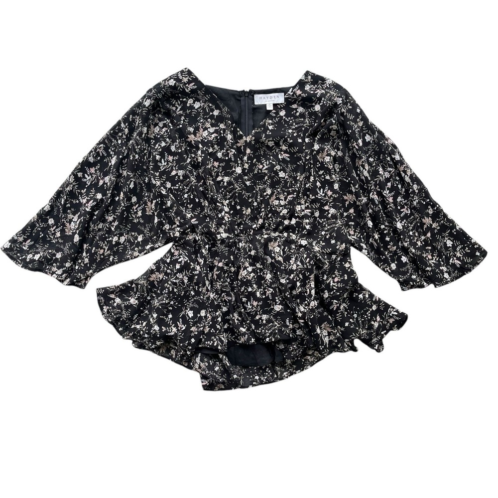 Hayden Los Angeles Womens M Black Tan Floral Flutter Sleeve Peplum Blouse HY6262